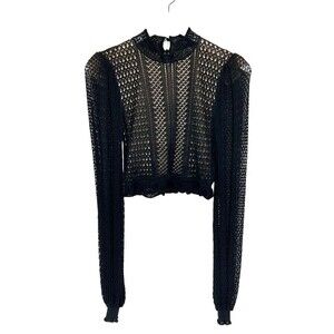 Ronny Kobe  Top Women Small Black Crop Lace Long Bell Sleeve Jewel Neck Stretch